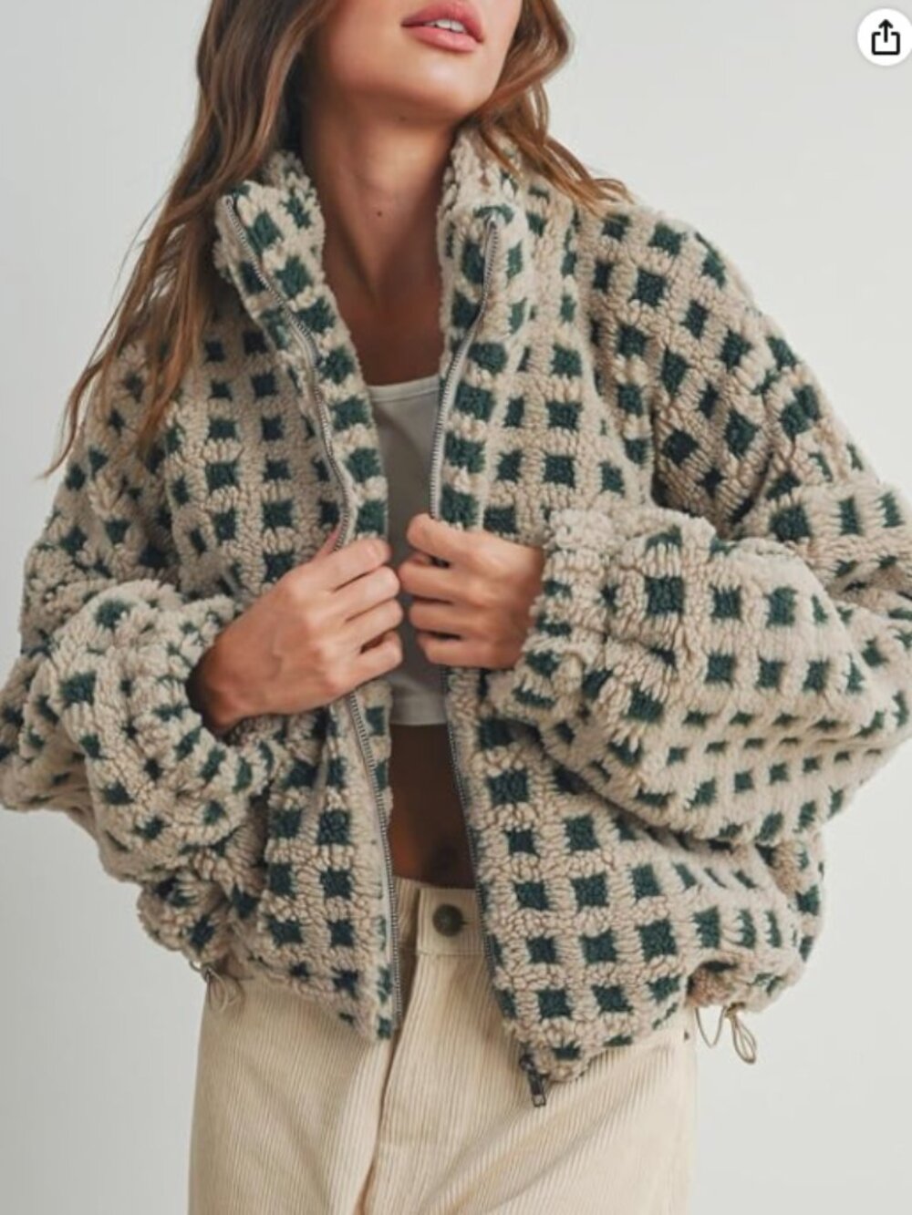 Women’s Long Sleeve Cropped Sherpa Fleece Plaid Jacket Casual Chunky Teddy